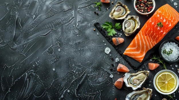 Seafood Dorado salmon crab grouper oysters On a black stone background Top view Free space for your text