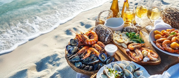 Photo seafood feast on the beach a coastal delicacy