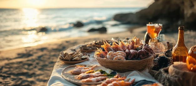 Photo seafood feast on the beach at sunset