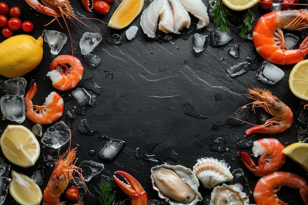 Seafood Frame on Black Stone Background with Blank Space in the Center