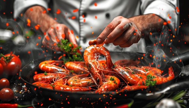 Seafood frying shrimp a chef on a black background