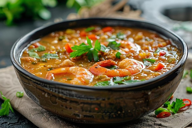 Seafood gumbo recipe on the defocused background