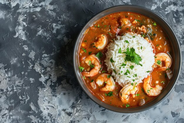 Photo seafood gumbo with shrimp mussels and rice in a spicy creole broth for a flavorful