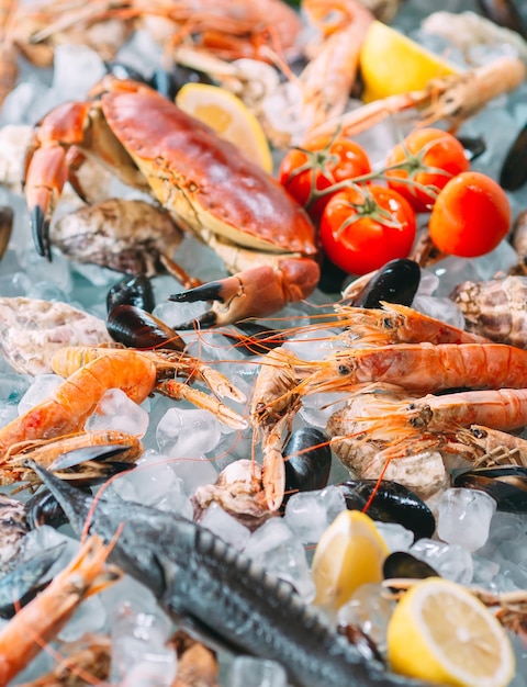 Seafood on ice. Crabs, sturgeon, shellfish, shrimp, Rapana, Dorado, on white ice.