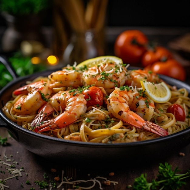 seafood italian shrimp pasta dish on a wooden table