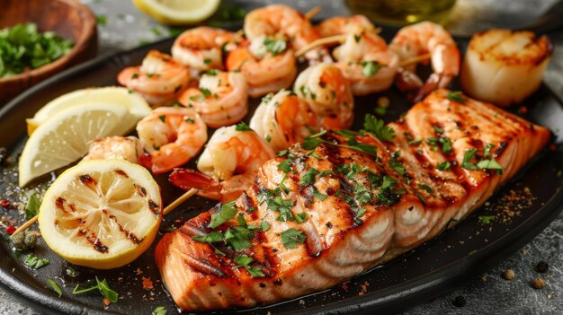 A seafood lover39s dream platter featuring grilled salmon fillets shrimp skewers and scallops served with a side of lemon wedges and fresh herbs