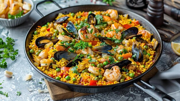 Seafood Paella in a Black Pan