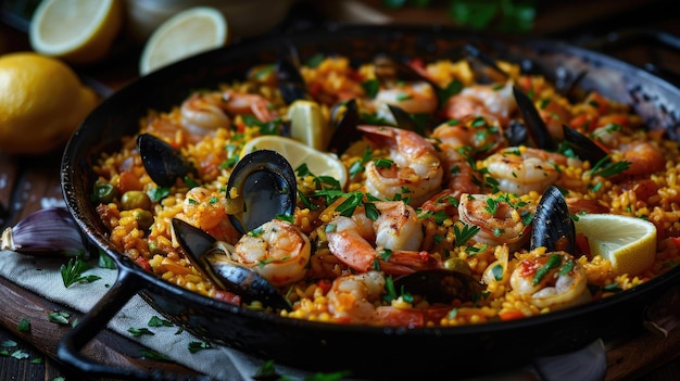 Seafood Paella food photography delicious chaos 10 ar 169 style raw stylize 250 Job ID 79b25891352a4