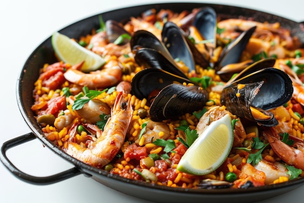 Seafood paella on white