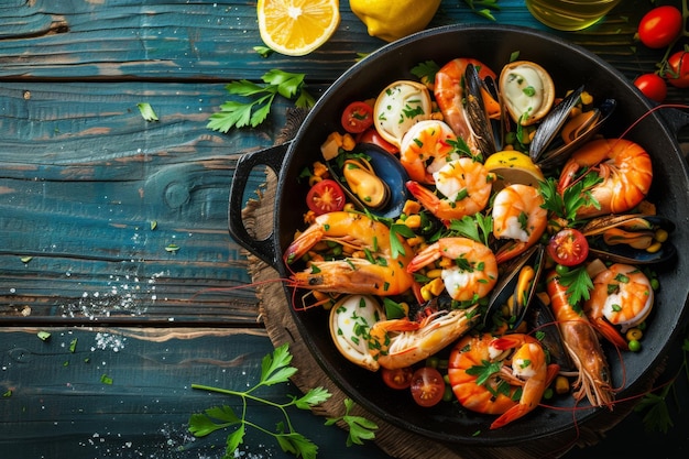 Photo seafood paella with fresh ingredients