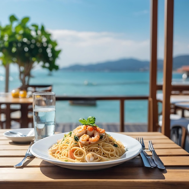 Seafood pasta spaghetti and a glass of water standing on a wooden table in outside Ai Generated