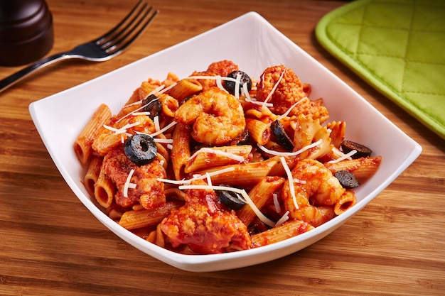 Seafood Pasta with prawns and olive served in dish isolated on table side view of middle east food