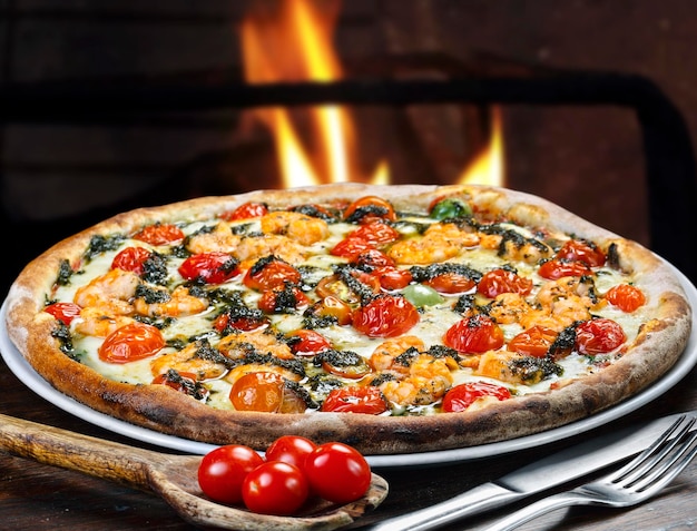 Seafood pizza baked in a woodfired oven