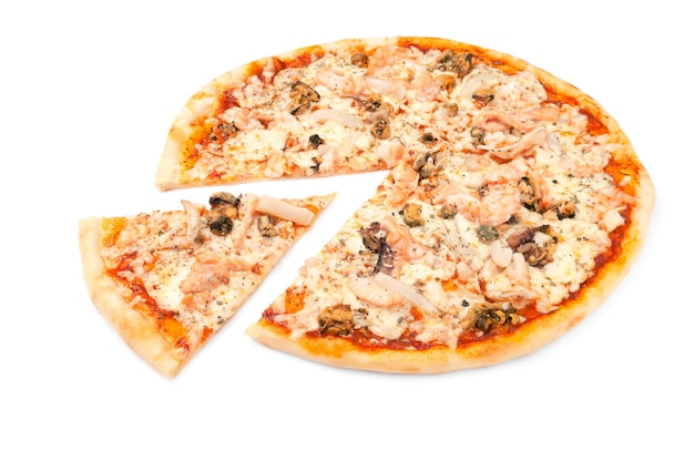 Seafood Pizza. Mozzarella, Tiger prawns, mussels and squid. A piece is cut off from pizza. White background. Isolated. Close-up.