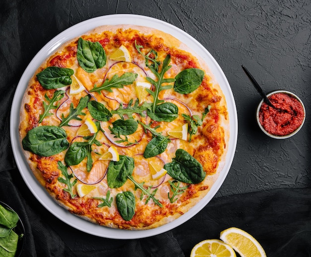 Seafood pizza pizza with shrimp and red fish