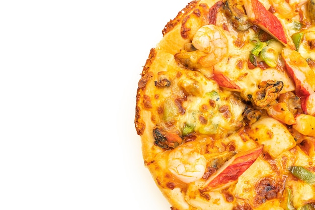 seafood pizza on wood tray isolated on white table