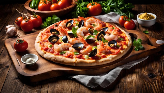 Seafood pizza on wood