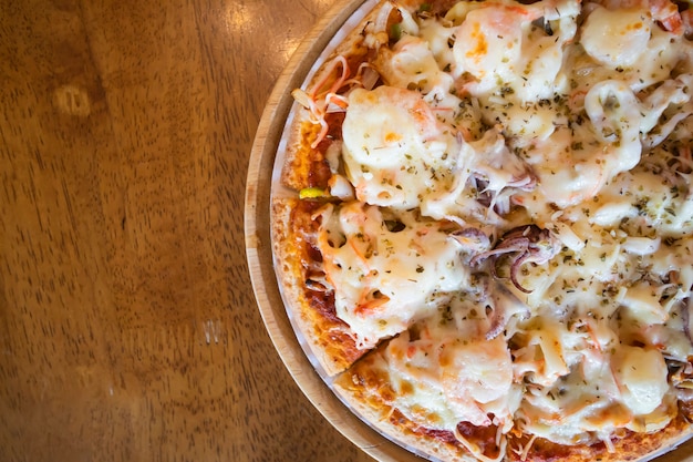 Seafood Pizza On a wooden tray