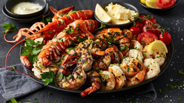 A seafood platter featuring a variety of grilled calamari shrimp and lobster tails served with drawn butter and lemon wedges