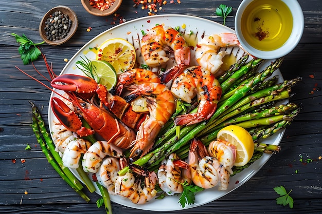 Photo seafood platter grilled lobster shrimp and asparagus