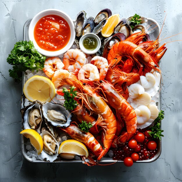 Photo seafood platter with oysters mussels shrimp and dipping sauce