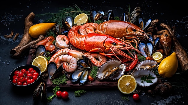 A seafood platter with seafood on it