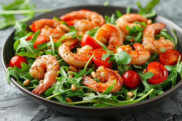 Photo seafood salad with prawns arugula cherry tomatoes and pine nuts