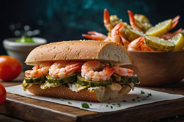 A seafood sandwich with shrimp and pickle