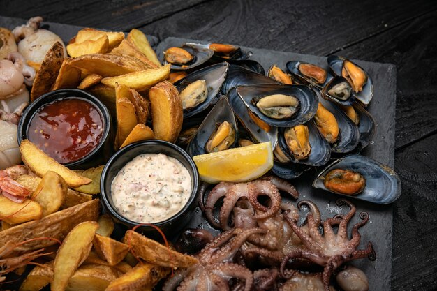 Seafood Set of seafood and sauces on a slate board on a dark wooden table