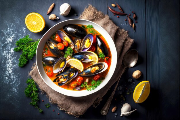 Seafood soup with mussels on plate for healthy delicious dinner