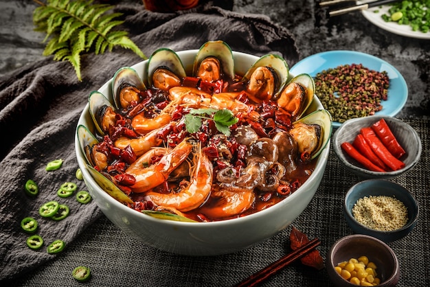 Seafood spicy shrimp octopus dried pot