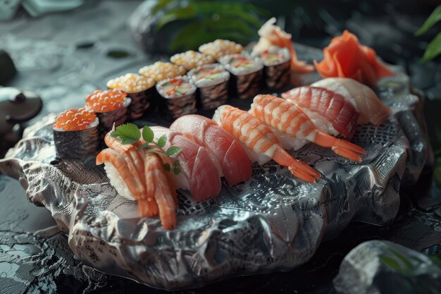 Seafood Sushi and Sashimi Spread on a Stone Plate