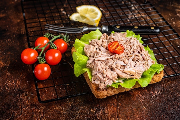 Seafood Toast with Canned Tuna fish fillet and lettuce Dark background Top view