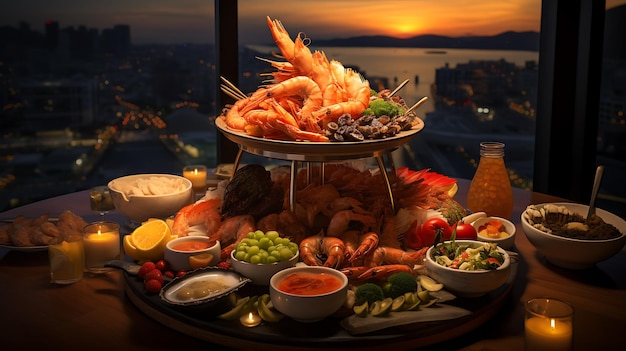 seafood tower with shellfish lobster and prawns