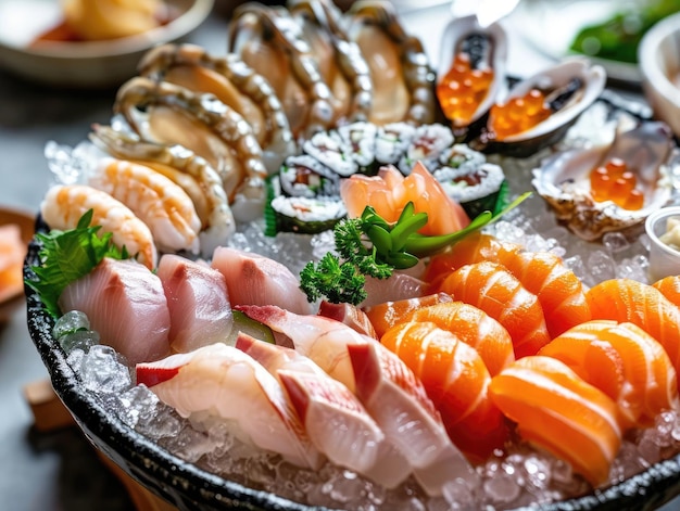 Seafood Varieties Display the freshness of seafood in sashimi and sushi