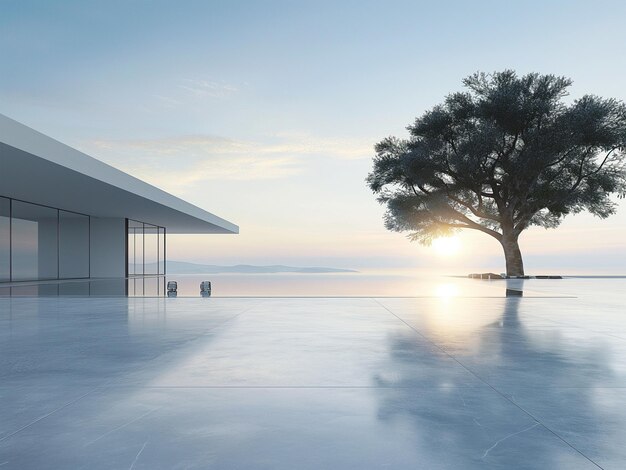 The seafront has simple modern buildings with wide unmanned marble floors and a clean and bright sky