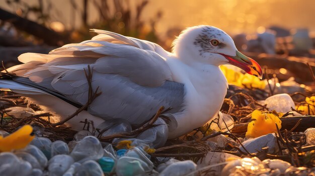 Seagull entangled in plastic trash