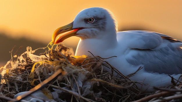 Seagull entangled in plastic trash