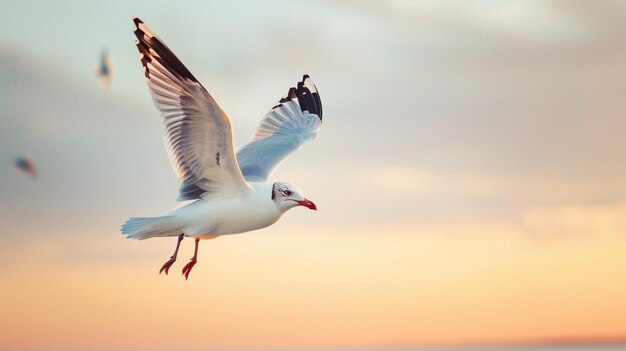 Seagull in Flight Over Ocean at Sunset Freedom Serenity Tranquility Nature Coastal