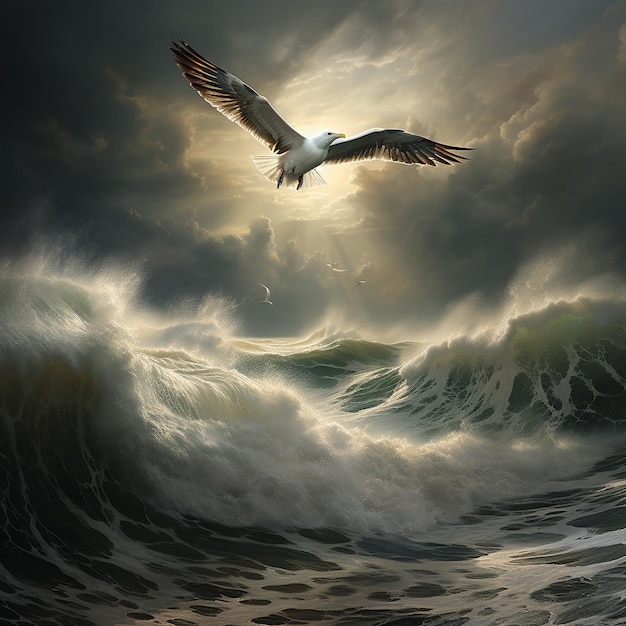 A seagull flying away before the storm above the stormy sea