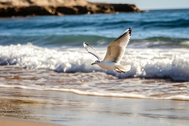 Seagull flying low above ocean waves with sandy beach in the background creating a tranquil coastal