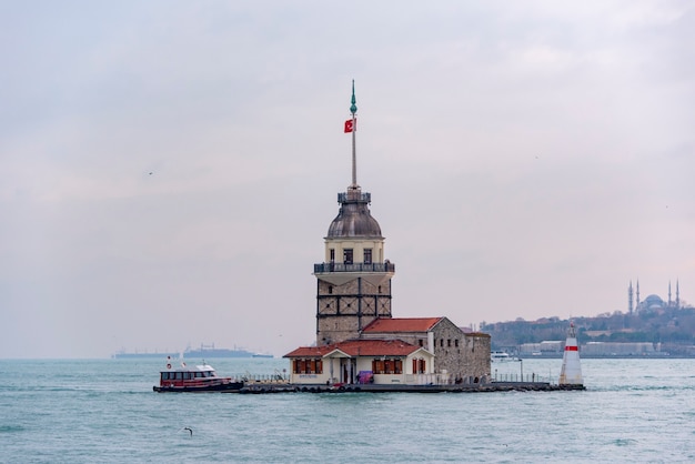 Seagull flying near Maiden Tower or Kiz Kulesi