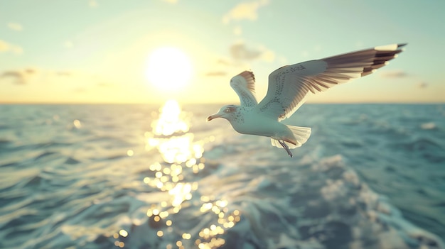 A seagull flying over the ocean High quality