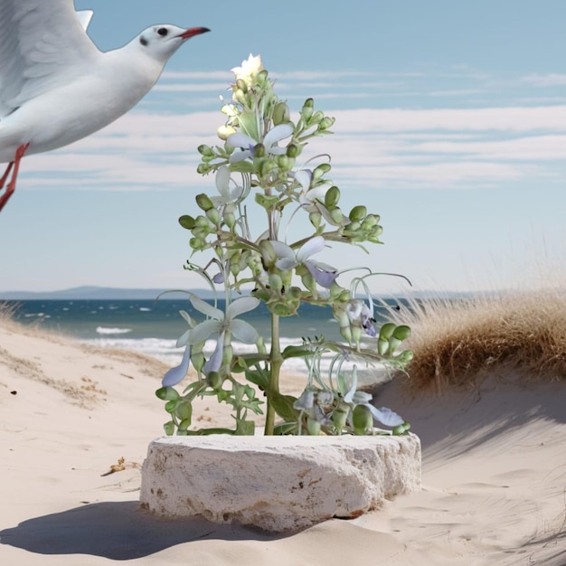 a seagull is standing on a rock in the sand