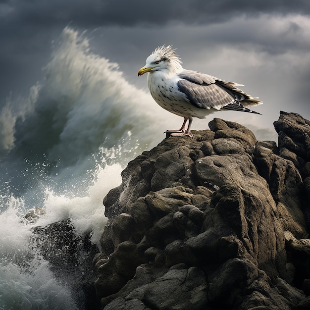 A seagull perched on a rock in front of rough waves