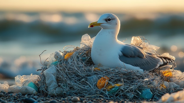 Photo a seagull sits on a nest of plastic waste on a beach