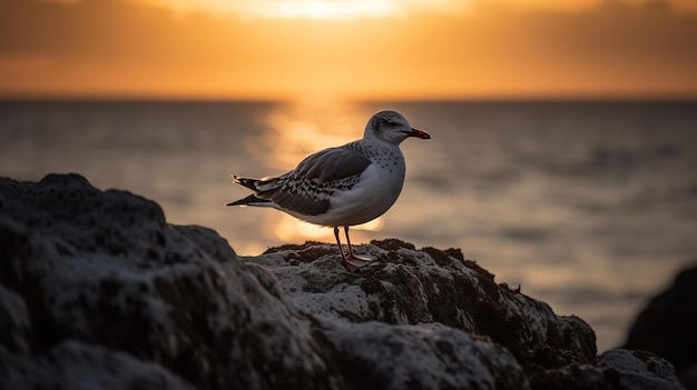 A seagull sits on a rock in front of a sunset.