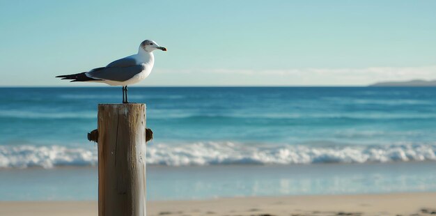 Seagull sitting on a wooden post at the beach with the ocean and sand visible in the background