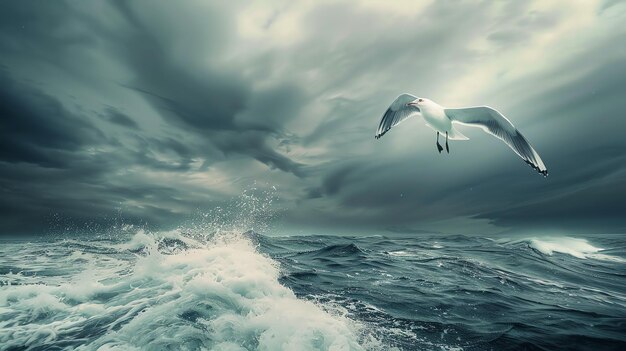 A seagull soars above the stormy sea The waves are crashing against the shore The sky is dark and cloudy