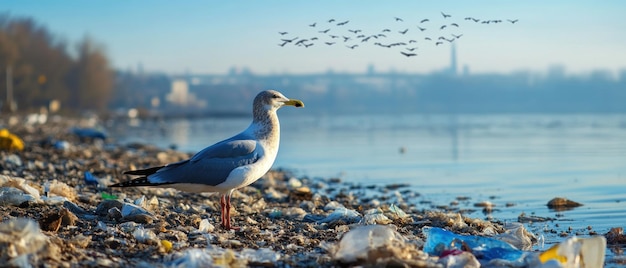 Photo seagull stands on the shore with plastic waste pollution on wildlife and the environment concept